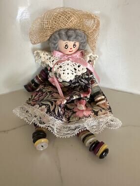 Vintage Handmade Farm House Button Doll- Shelf Sitter-Ornament